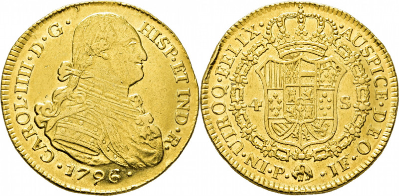 CARLOS IV. Popayán. 4 escudos. 1796 sobre 3. JF. Cy14363. Usuras, dos golpecitos...