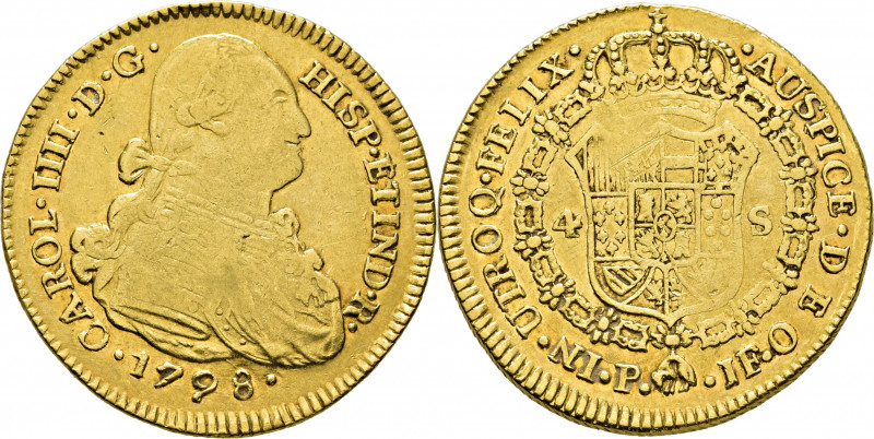 CARLOS IV. Popayán. 4 escudos. 1798. JF. Cy14378. Usuras y finas rayitas. Golpec...