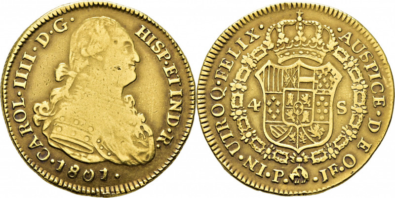 CARLOS IV. Popayán. 4 escudos. 1801. JF. Cy14397. Sirvió como joya. Canto perdid...