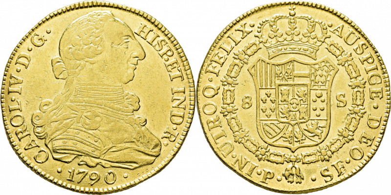 CARLOS IV. Popayán. 8 escudos. 1790. El 9 rectificado sobre otro 9. SF. Con bust...