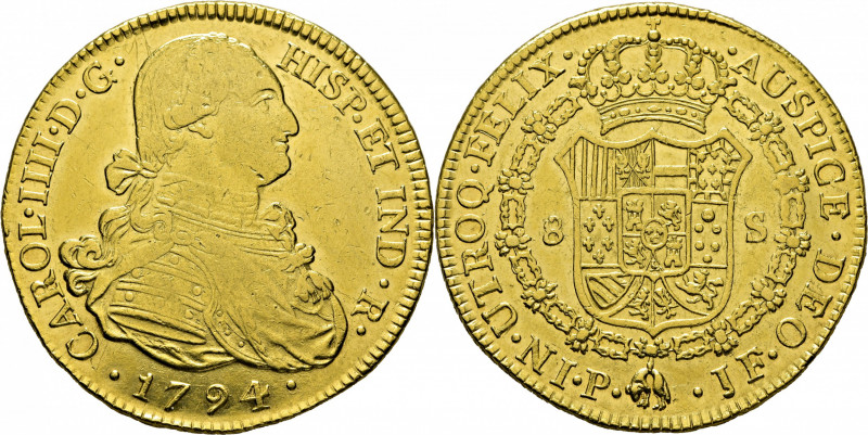 CARLOS IV. Popayán. 8 escudos. 1794. JF. Cy14497. Bastantes usuras y algunos fal...