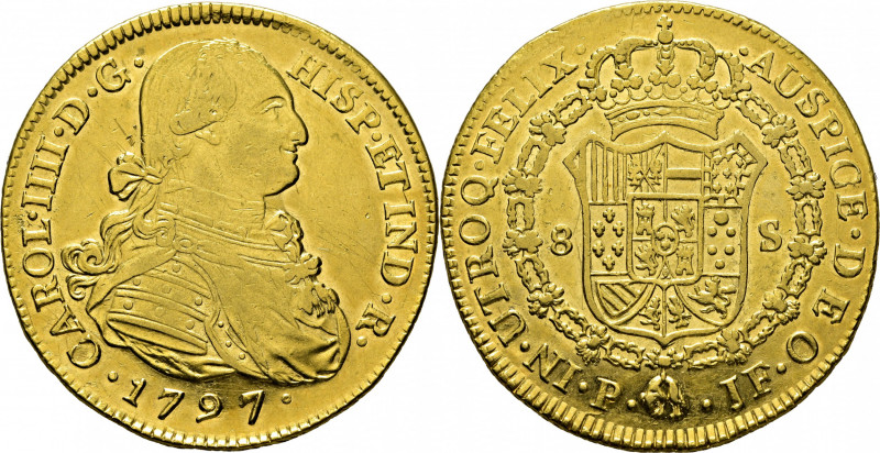 CARLOS IV. Popayán. 8 escudos. 1797. JF. Cy14522. Varias rayitas en anverso. Usu...