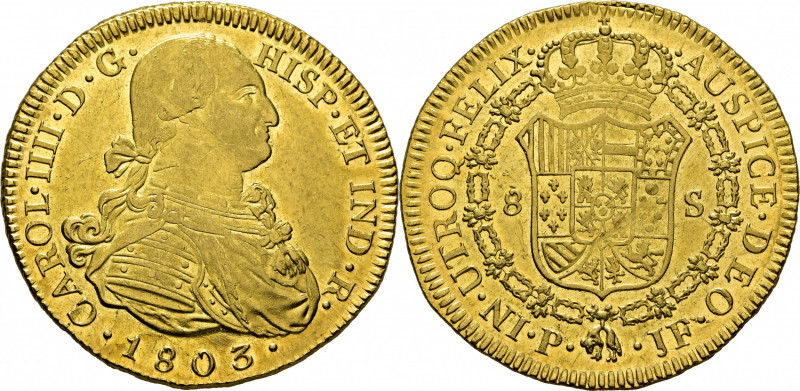 CARLOS IV. Popayán. 8 escudos. 1803. JF. Cy14575. Suaves y finísimas rayitas, y ...