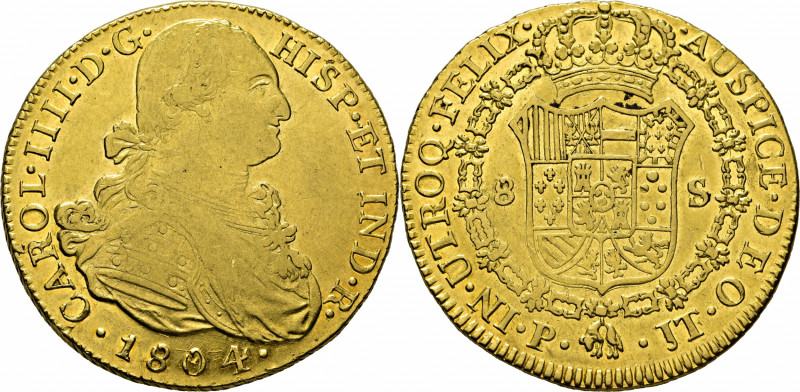 CARLOS IV. Popayán. 8 escudos. 1804. JT sobre JF. Cy14585. Bastantes suaves y fi...