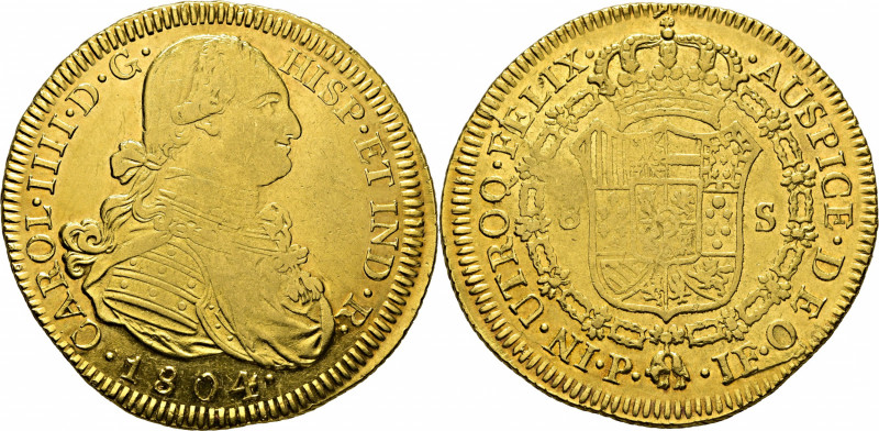 CARLOS IV. Popayán. 8 escudos. 1804 el último dígito sobre otro 4. JF. Cy14586 v...