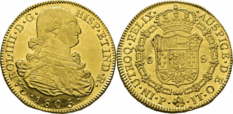 CARLOS IV. Popayán. 8 escudos. 1805 los últimos dígitos parecen rectificados. JT...