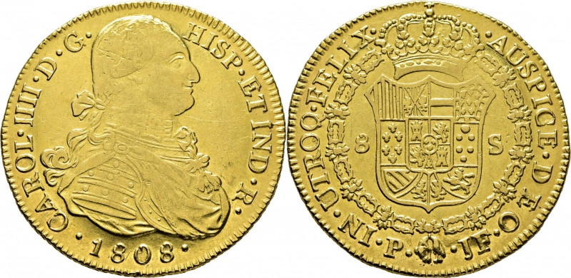 CARLOS IV. Popayán. 8 escudos. 1808. JF. Cy14622. Usuras y leves suaves y finísi...