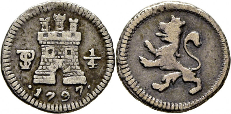 CARLOS IV. Potosí. 1/4 de real. 1797. Canto de cadeneta. Cy13143. E.M. Ortiz737....