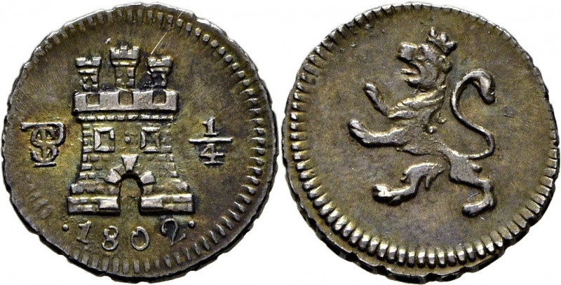 CARLOS IV. Potosí. 1/4 de real. 1802. Canto de cadenta. Cy13174. E.M. Ortiz742. ...