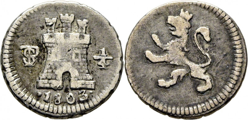 CARLOS IV. Potosí. 1/4 de real. 1803. Canto de cadeneta. Cy13180. E.M. Ortiz743 ...