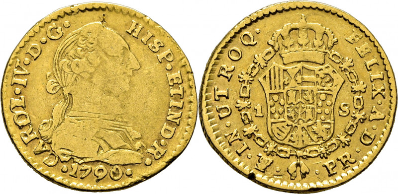 CARLOS IV. Potosí. 1 escudo. 1790. PR. Busto de Carlos III y ordinal IV sobre II...