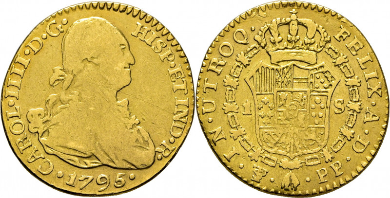 CARLOS IV. Potosí. 1 escudo. 1795. PP. Cy14048. Sirvió de joya. Canto totalmente...