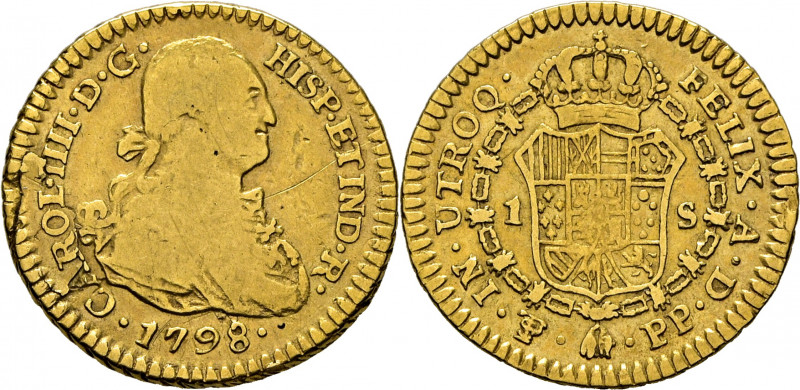 CARLOS IV. Potosí. 1 escudo. 1798. PP. Cy14070. Raya en anverso. Fallo de lamina...