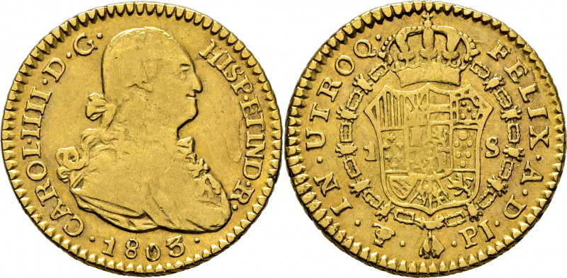CARLOS IV. Potosí. 1 escudo. 1803 el último dígito parece estar rectificado sobr...