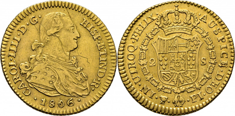 CARLOS IV. Potosí. 2 escudos. 1806. PJ. Cy14292. Pelo de metal cruzando el cuell...