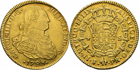 Potosí. 4 escudos. 1793. PR. EBC/EBC+. Atractivo reverso. Muy rara. Conocemos cinco