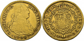 Potosí. 4 escudos. 1798. PP. MBC+/EBC. Buen reverso. Muy rara