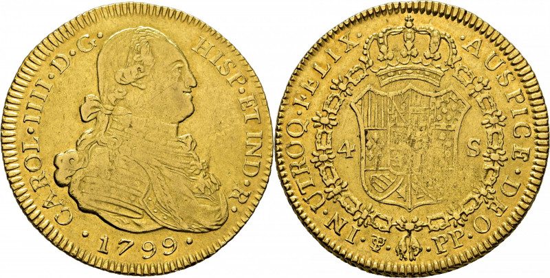 CARLOS IV. Potosí. 4 escudos. 1799. PP. Cy14384. Usuras y finas y suaves rayitas...