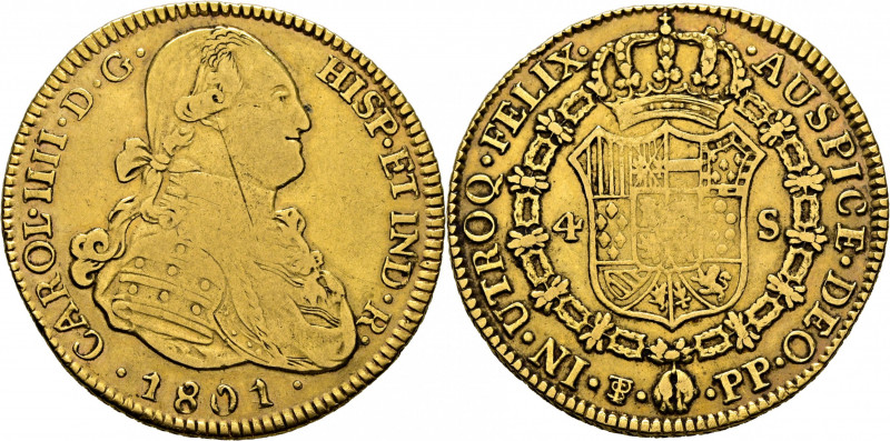 CARLOS IV. Potosí. 4 escudos. 1801. PP. Cy14398. Finas y suaves rayitas. Raya en...