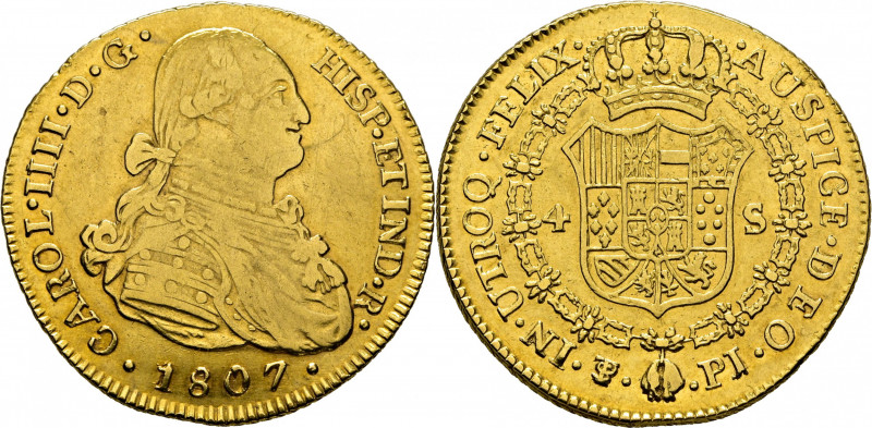 CARLOS IV. Potosí. 4 escudos. 1807. PJ. Cy14433. Suaves y finas rayitas al haber...