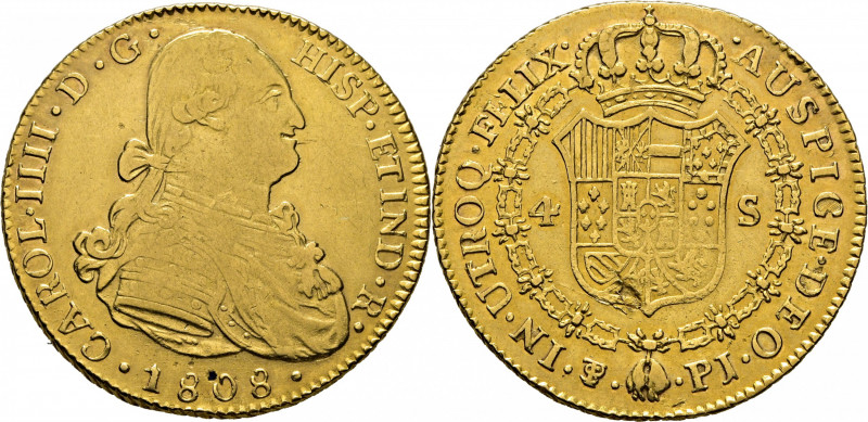 CARLOS IV. Potosí. 4 escudos. 1808. PJ. Cy14437. Suaves y finas rayitas. Algún m...