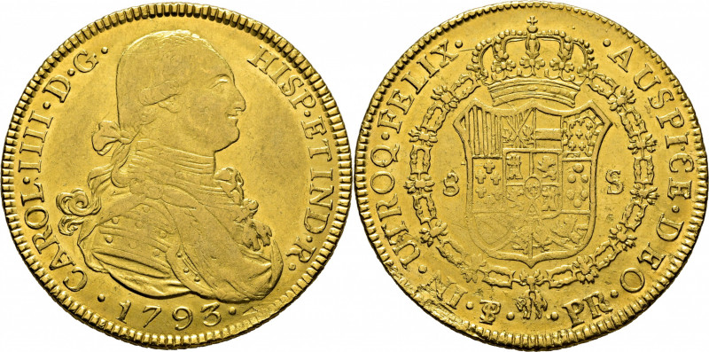 CARLOS IV. Potosí. 8 escudos. 1793. PR. Cy14491. Suaves y finas rayitas, alguna ...