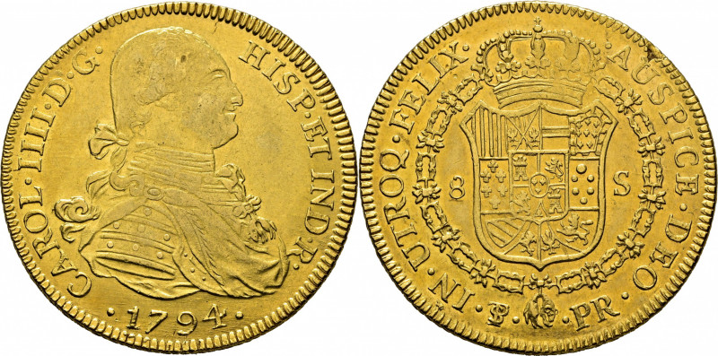 CARLOS IV. Potosí. 8 escudos. 1794. PR. Cy14498. Suaves y finísimas rayitas, y a...