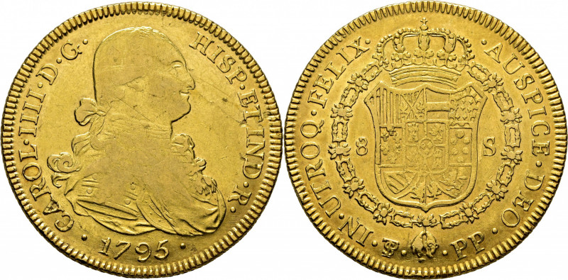 CARLOS IV. Potosí. 8 escudos. 1795. PP. Cy14506. Rayitas en anverso. Usuras. Gol...