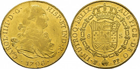 Potosí. 8 escudos. 1796. PP. EBC-/casi EBC+. Atractivo. Notable reverso. Escasa