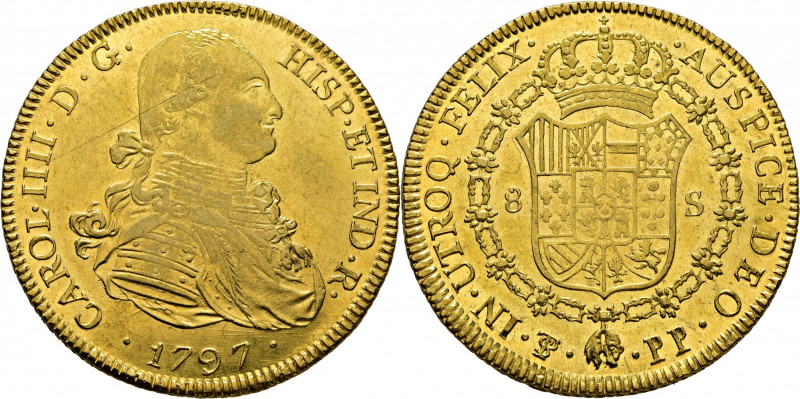 CARLOS IV. Potosí. 8 escudos. 1797. PP. Cy14523. Suaves y finísimas rayitas, una...