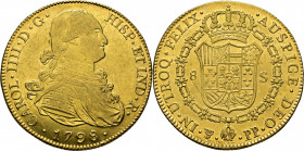 Potosí. 8 escudos. 1798. PP. EBC+/SC-. Buen ejemplar. Atractivo reverso. Escasa