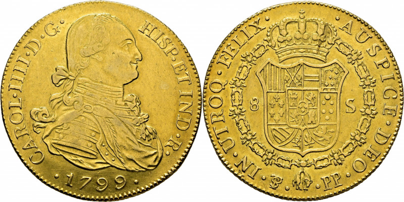 CARLOS IV. Potosí. 8 escudos. 1799. PP. Cy14536. Limpiada con mopa. EBC/EBC+, al...