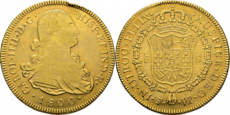 CARLOS IV. Potosí. 8 escudos. 1800. PP. Cy14545. Usuras. Finas rayitas. Golpe en...