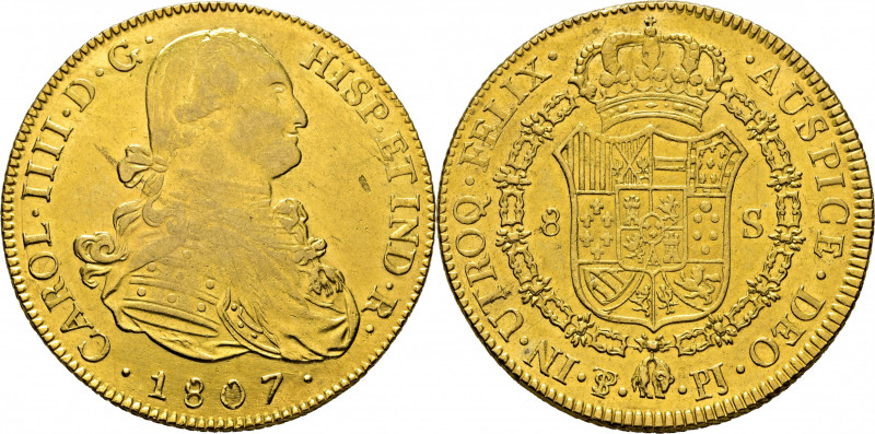 CARLOS IV. Potosí. 8 escudos. 1807. PJ. Cy14614. Usuras en el anverso. Finas y s...