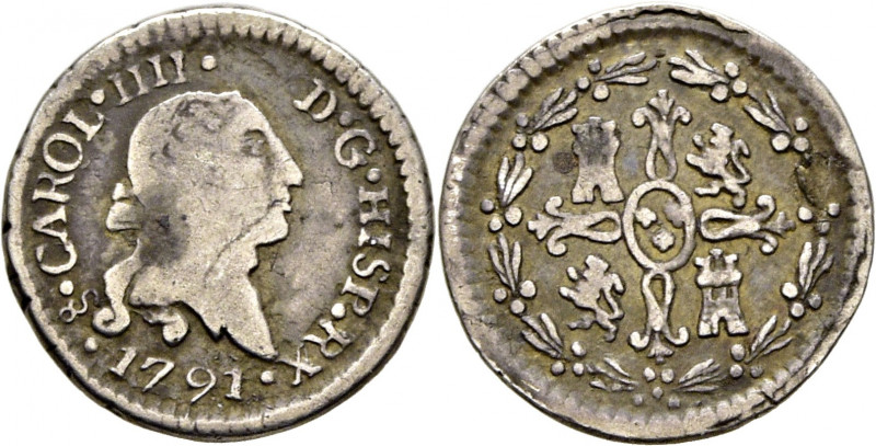 CARLOS IV. Santiago de Chile. 1/4 de real. 1791. Con busto de Carlos III y ordin...