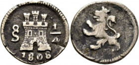 Santiago de Chile. 1/4 de real. 1808. Castillo grande y león pequeño. Muy escasa