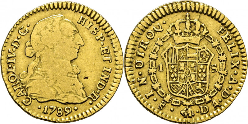 CARLOS IV. Santiago de Chile. 1 escudo. 1789. DA. Con busto de Carlos III y ordi...