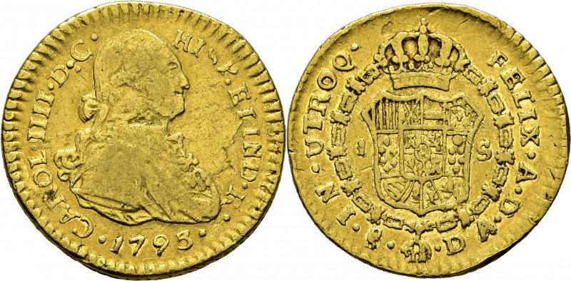 CARLOS IV. Santiago de Chile. 1 escudo. 1793 sobre 2. DA. Cy no cita. Acuñación ...