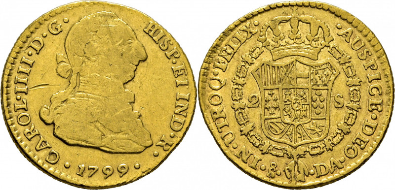 CARLOS IV. Santiago de Chile. 2 escudos. 1799. DA. Con busto de Carlos III y ord...