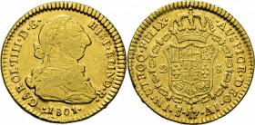 Santiago de Chile. 2 escudos. 1801. AJ. MBC+/EBC. Atractivo. Notable reverso. Rarísima. Conocemos dos ejemplares