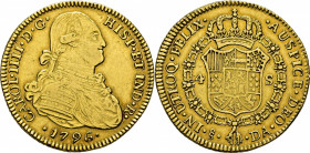 Santiago de Chile. 4 escudos. 1796. DA. EBC-/EBC. Atractivo. Muy rara. Conocemos dos ejemplares
