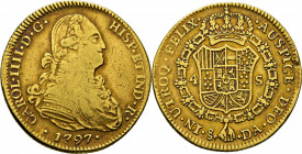 Santiago de Chile. 4 escudos. 1797. DA. Atractivo reverso. Rarísima. Conocemos dos ejemplares