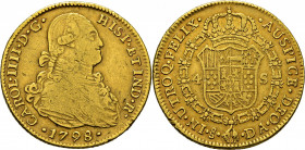 Santiago de Chile. 4 escudos. 1798. DA. Atractivo reverso. Rarísima. Conocemos cinco ejemplares