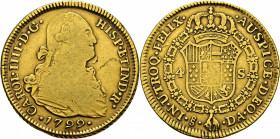 Santiago de Chile. 4 escudos. 1799. DA. Rarísima. Conocemos dos ejemplares