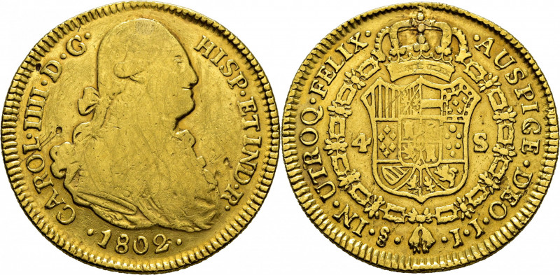CARLOS IV. Santiago de Chile. 4 escudos. 1802. JJ. Cy14405. Sirvió como joya. Ca...