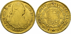 Santiago de Chile. 4 escudos. 1802. JJ. Rarísima. Solo conocemos otro ejemplar