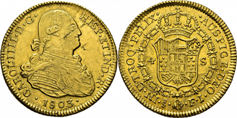 CARLOS IV. Santiago de Chile. 4 escudos. 1803. FJ. Cy14411. Fallitos de laminado...
