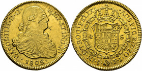 Santiago de Chile. 4 escudos. 1803. FJ. Mejor EBC+/casi SC. Soberbio. Rarísimo. No hemos encontrado referencia
