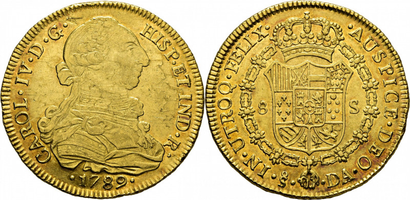CARLOS IV. Santiago de Chile. 8 escudos. 1789. DA. Con busto de Carlos III y ord...