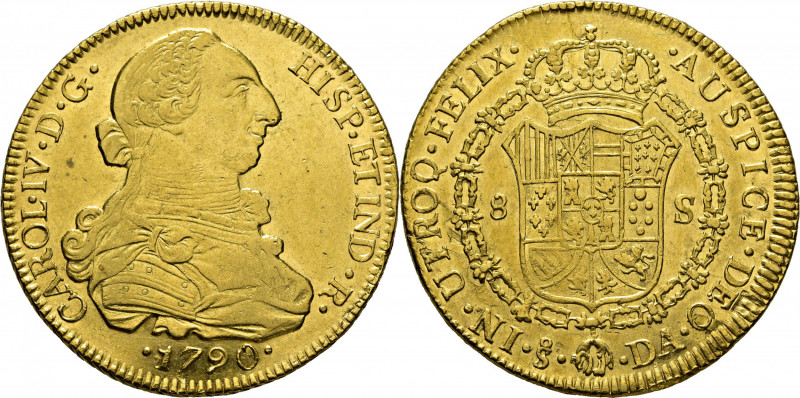 CARLOS IV. Santiago de Chile. 8 escudos. 1790. DA. Con busto de Carlos III y ord...
